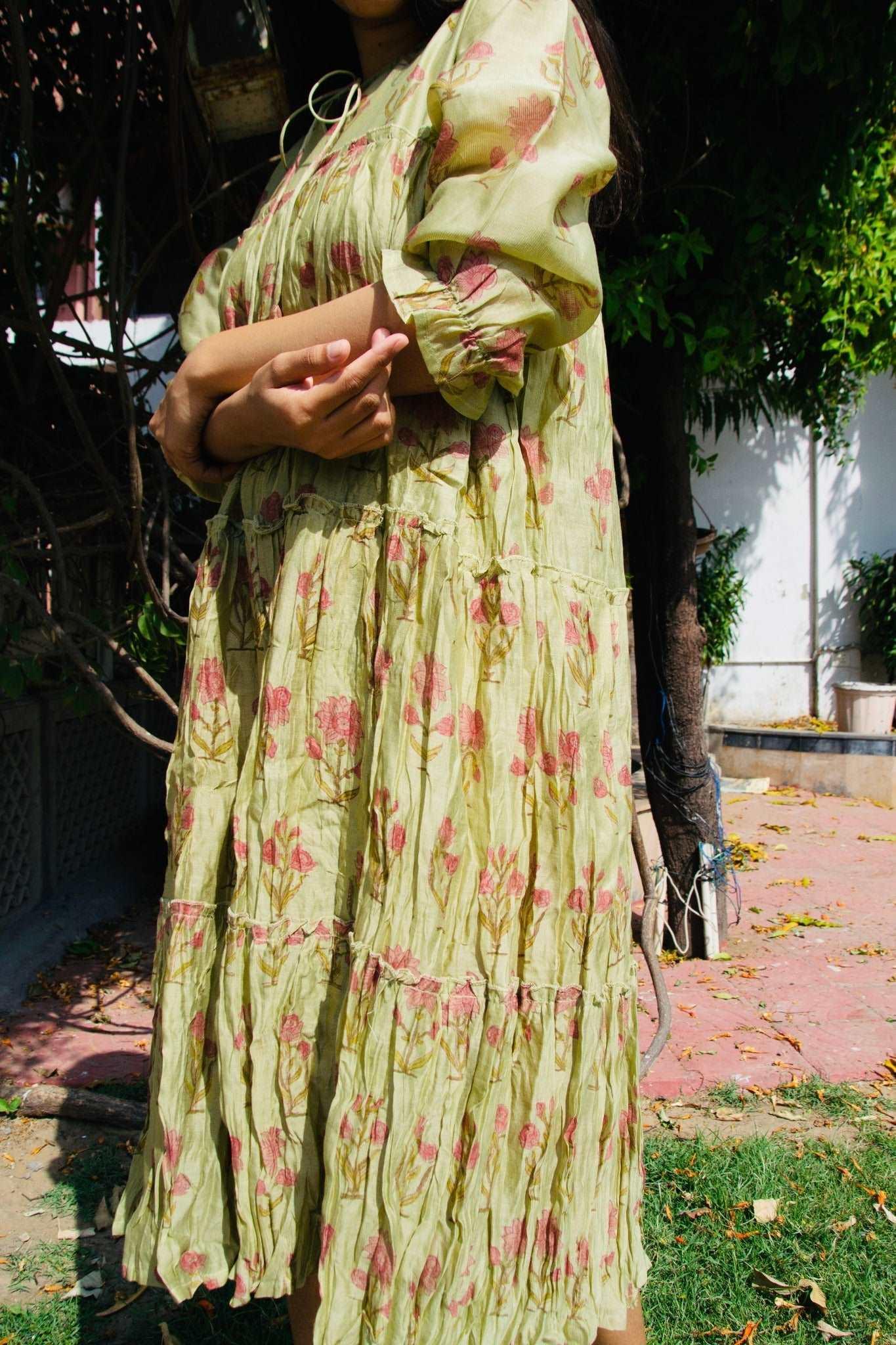 'Maheshwari Silk' Olive Green Printed Dress