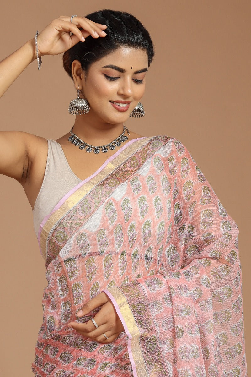 Whispering Romance: Dusty Pink Buta Print Kota Doria Saree