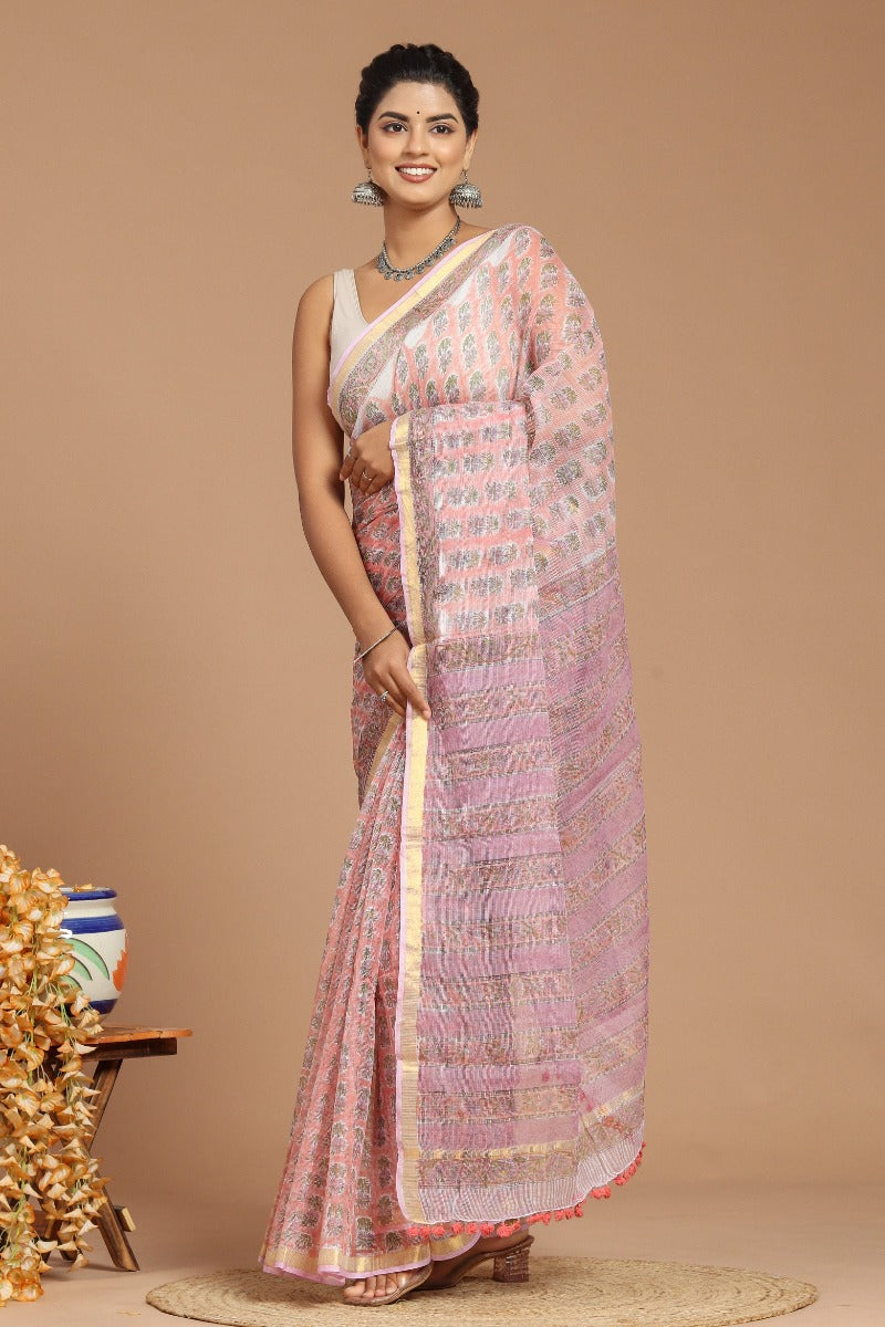 Whispering Romance: Dusty Pink Buta Print Kota Doria Saree