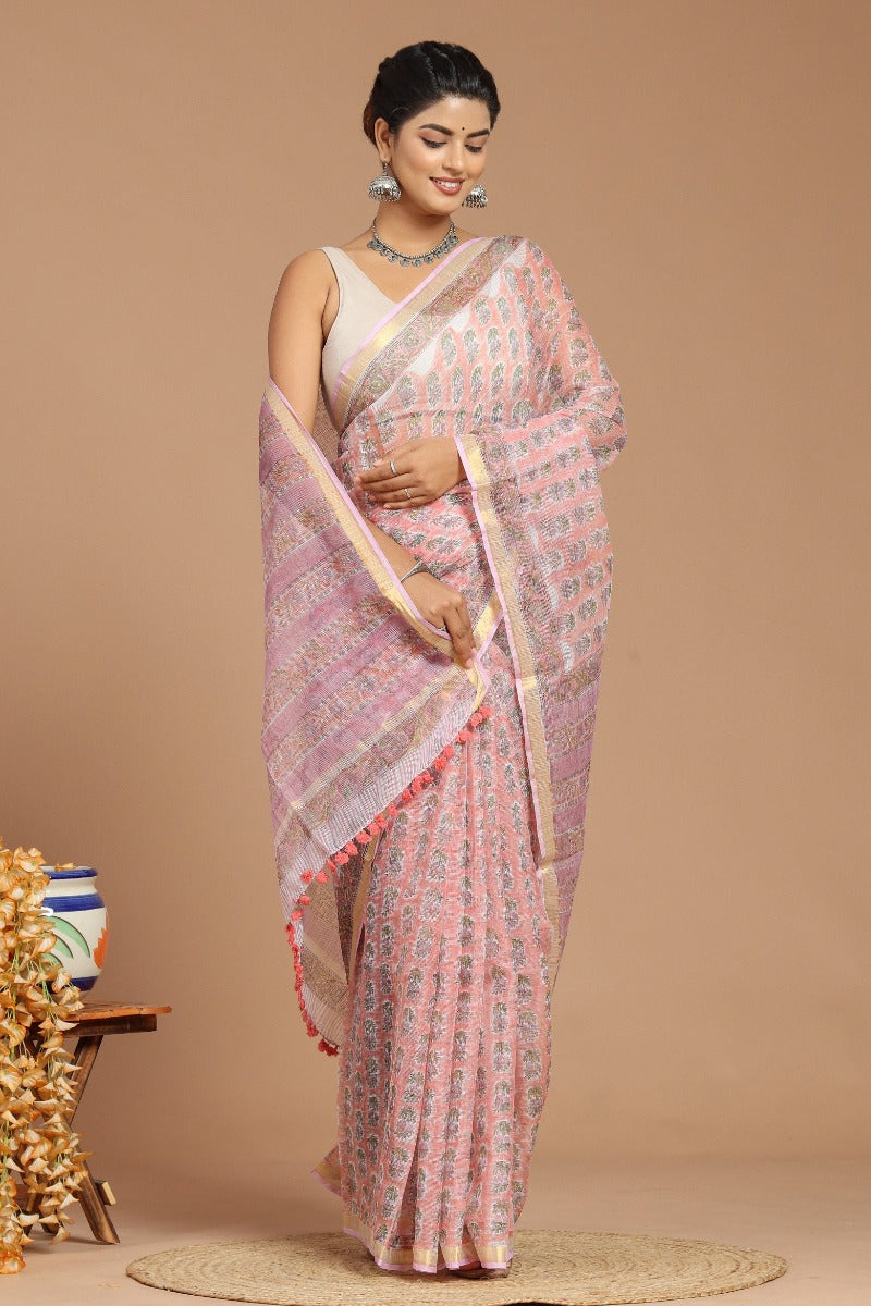 Whispering Romance: Dusty Pink Buta Print Kota Doria Saree