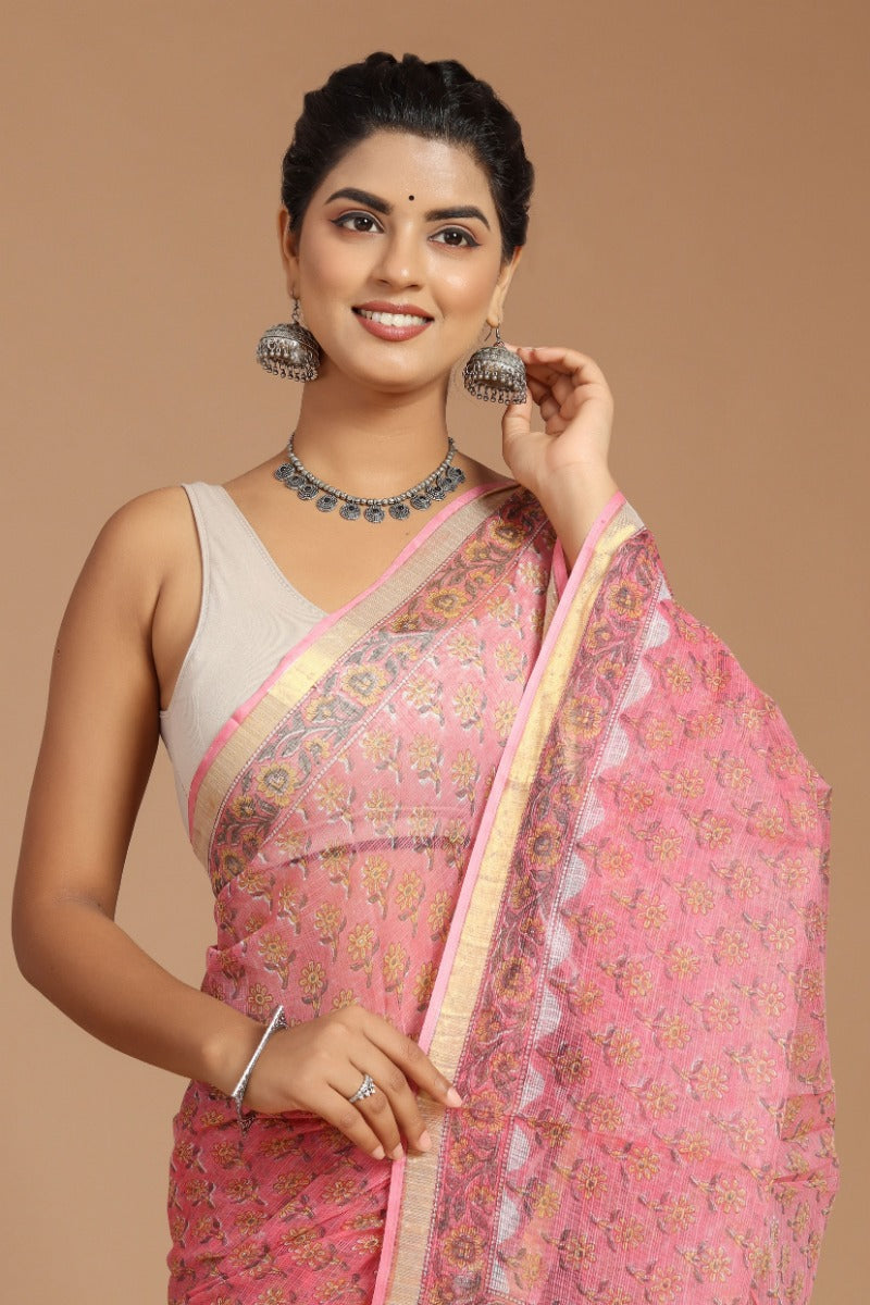 Pink Blossoms: Beautiful Pink Buta Print Kota Doria Saree