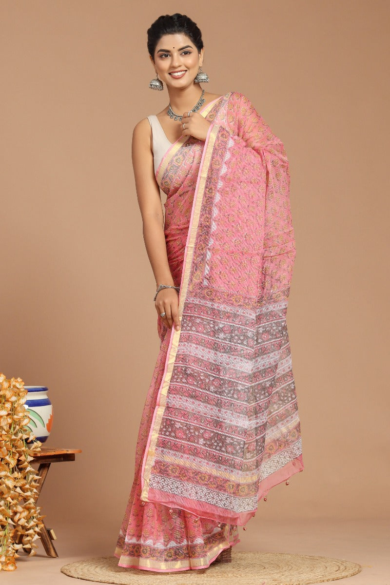 Pink Blossoms: Beautiful Pink Buta Print Kota Doria Saree