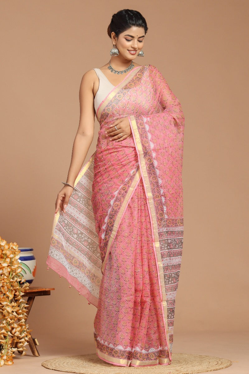 Pink Blossoms: Beautiful Pink Buta Print Kota Doria Saree