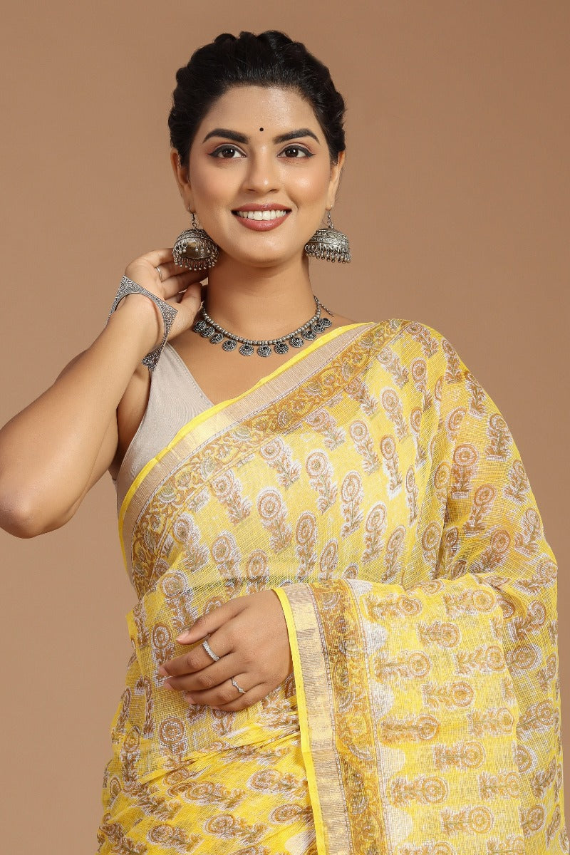 Yellow and White Buta Print Kota Doria Saree