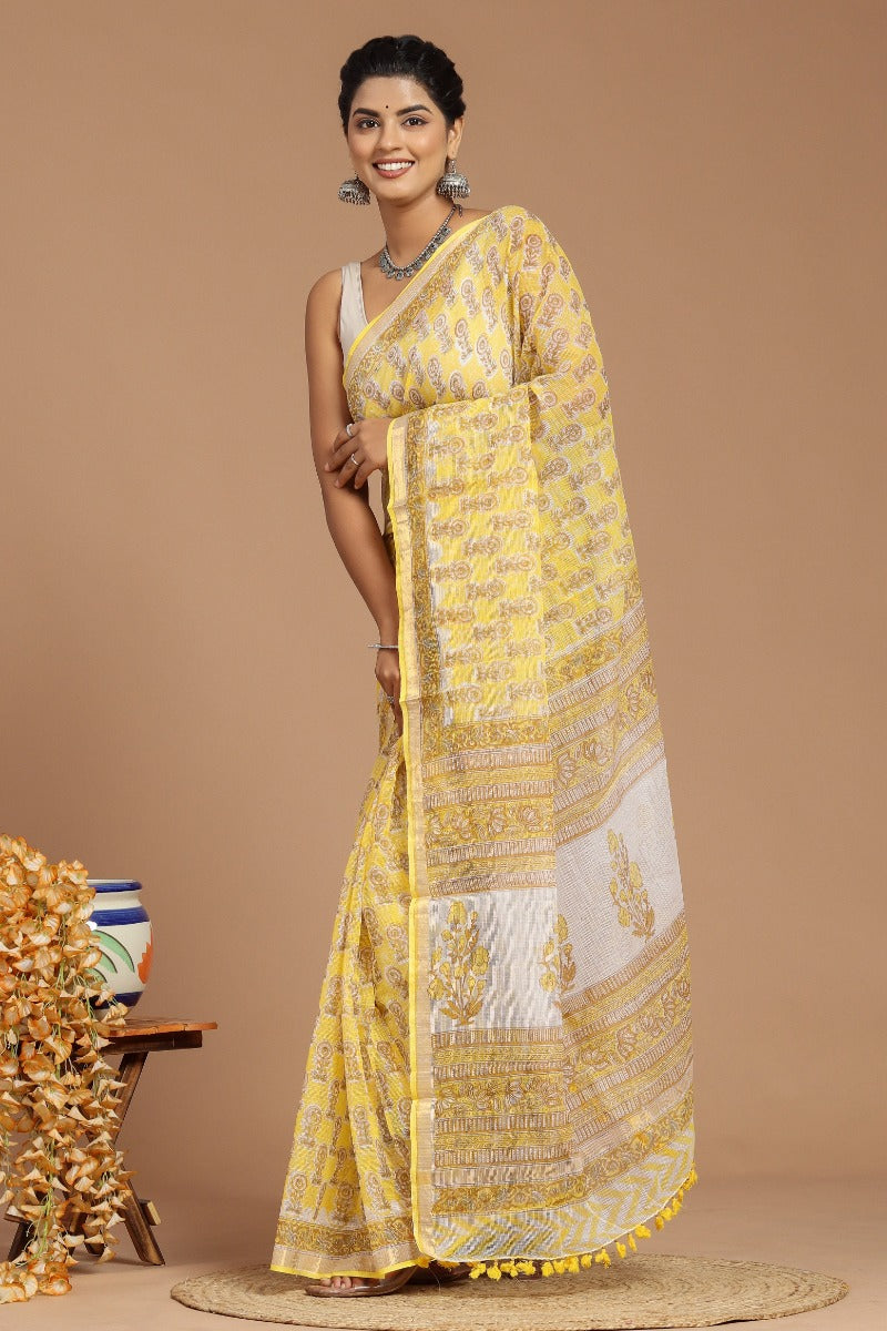 Yellow and White Buta Print Kota Doria Saree