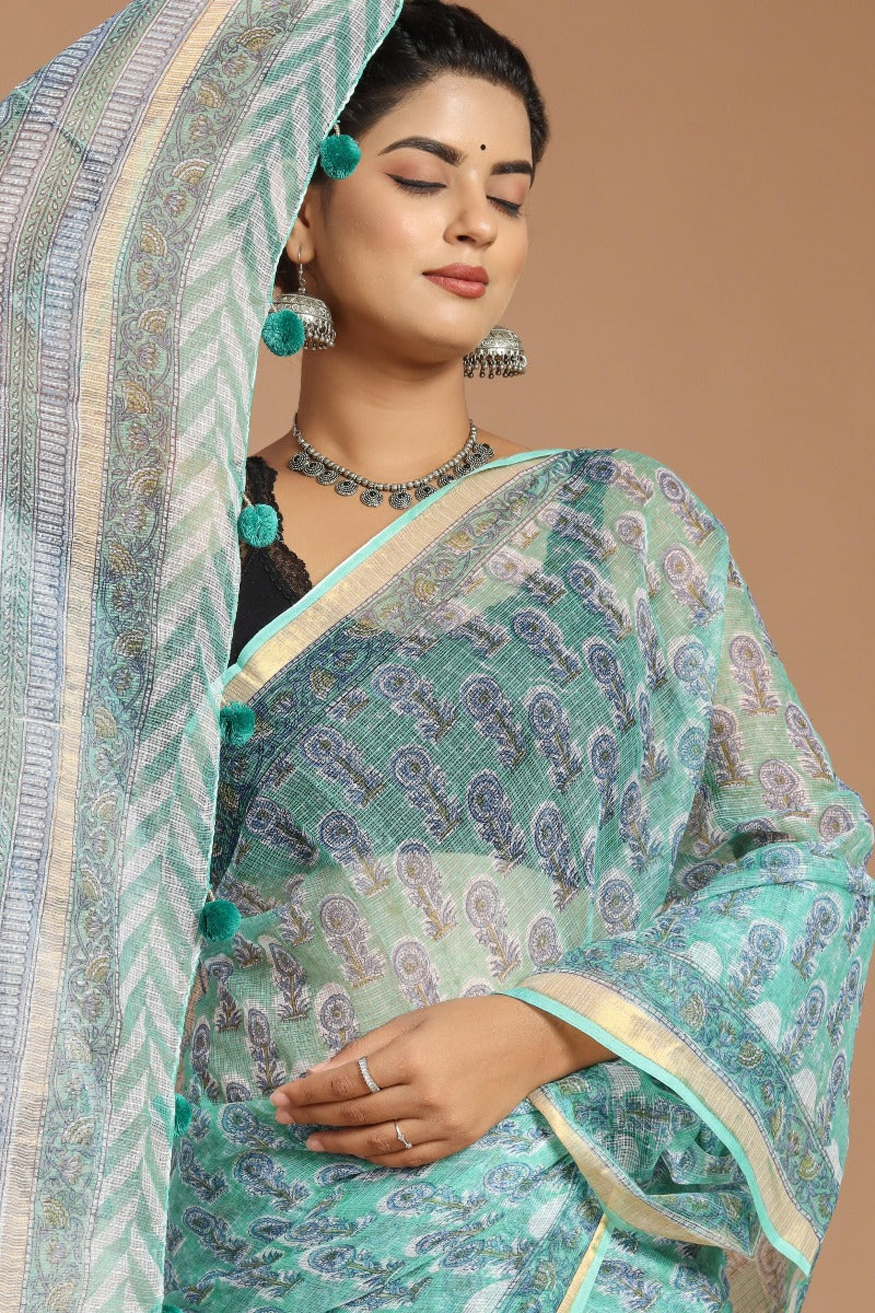 Enchanting Serenity: Sage Green Buta Print Kota Doria Saree