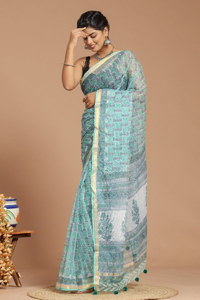 Enchanting Serenity: Sage Green Buta Print Kota Doria Saree