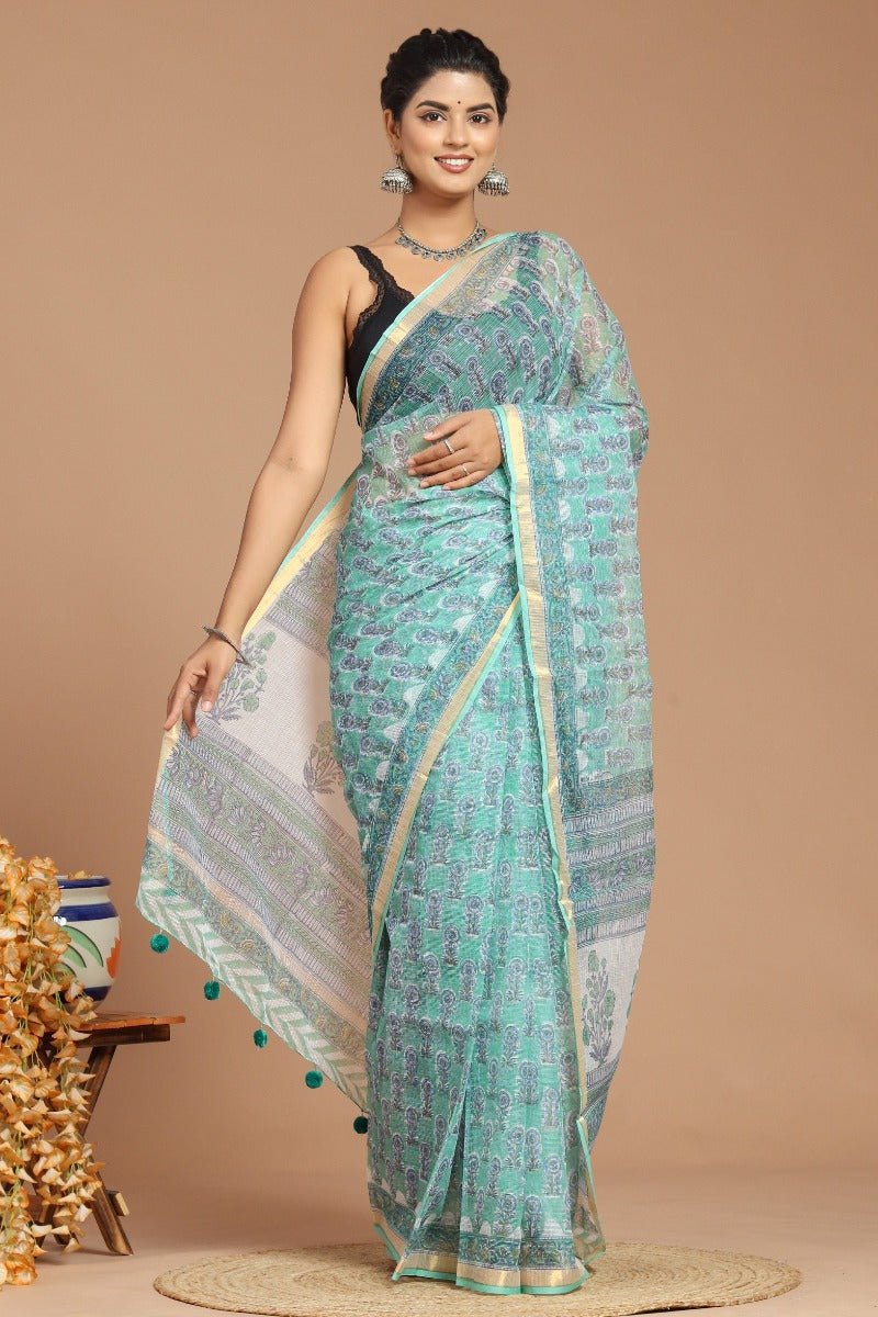 Enchanting Serenity: Sage Green Buta Print Kota Doria Saree