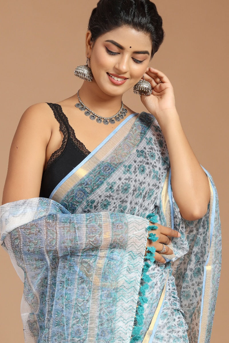 Light Blue Floral Print Kota Doria Saree