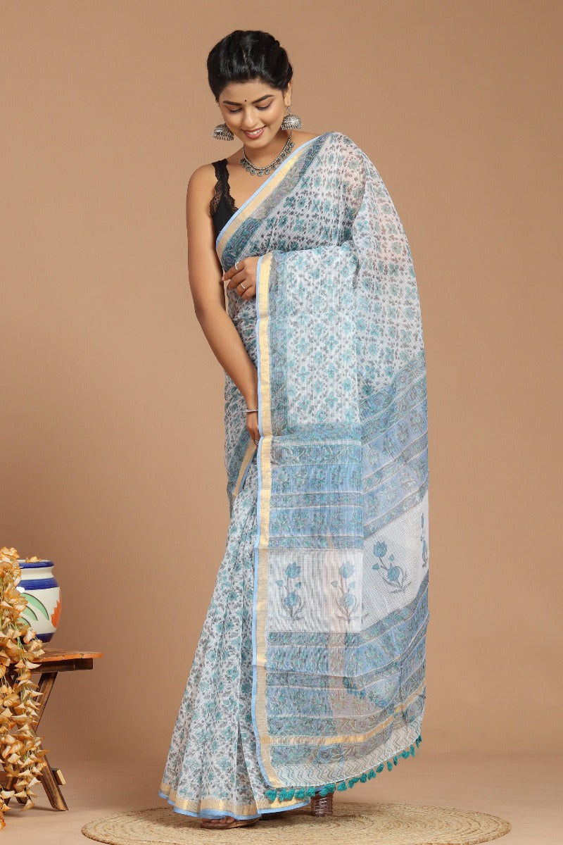 Light Blue Floral Print Kota Doria Saree