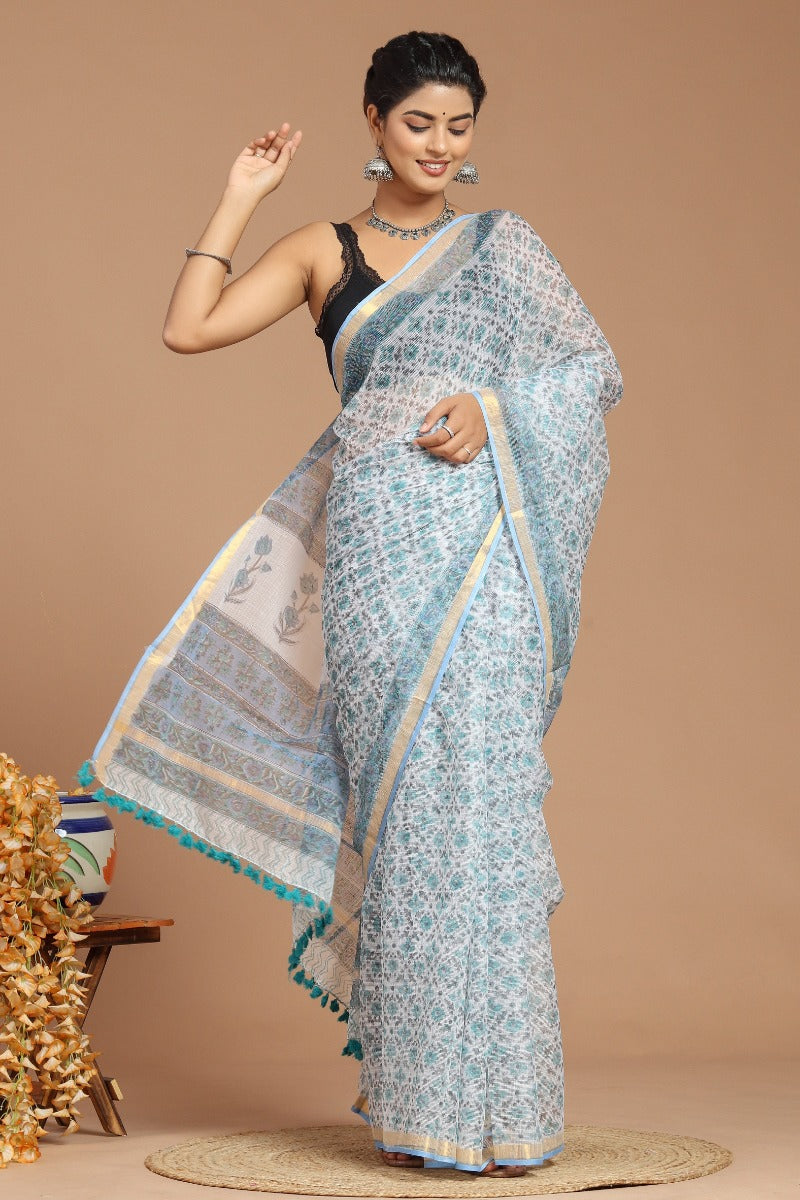 Light Blue Floral Print Kota Doria Saree