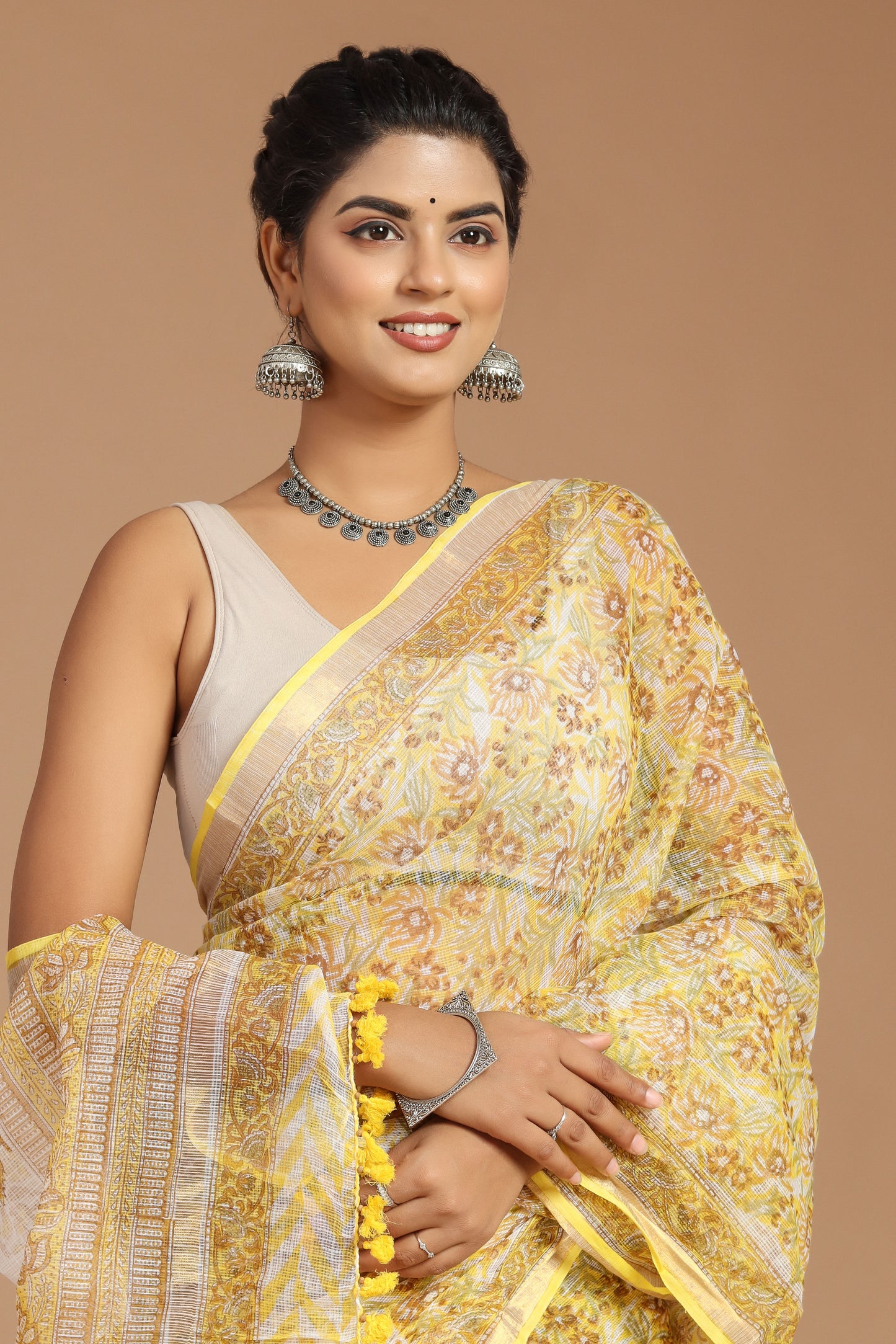 Sunshine Elegance: Yellow and White Floral Print Kota Doria Saree