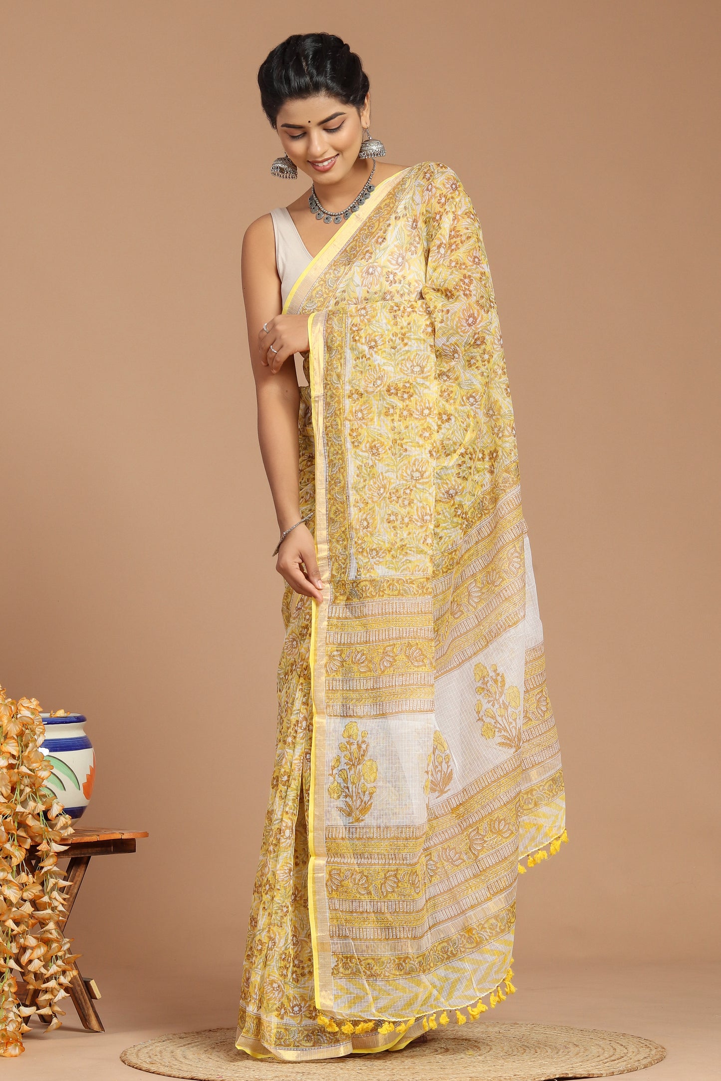 Yellow and White Floral Print Kota Doria Saree