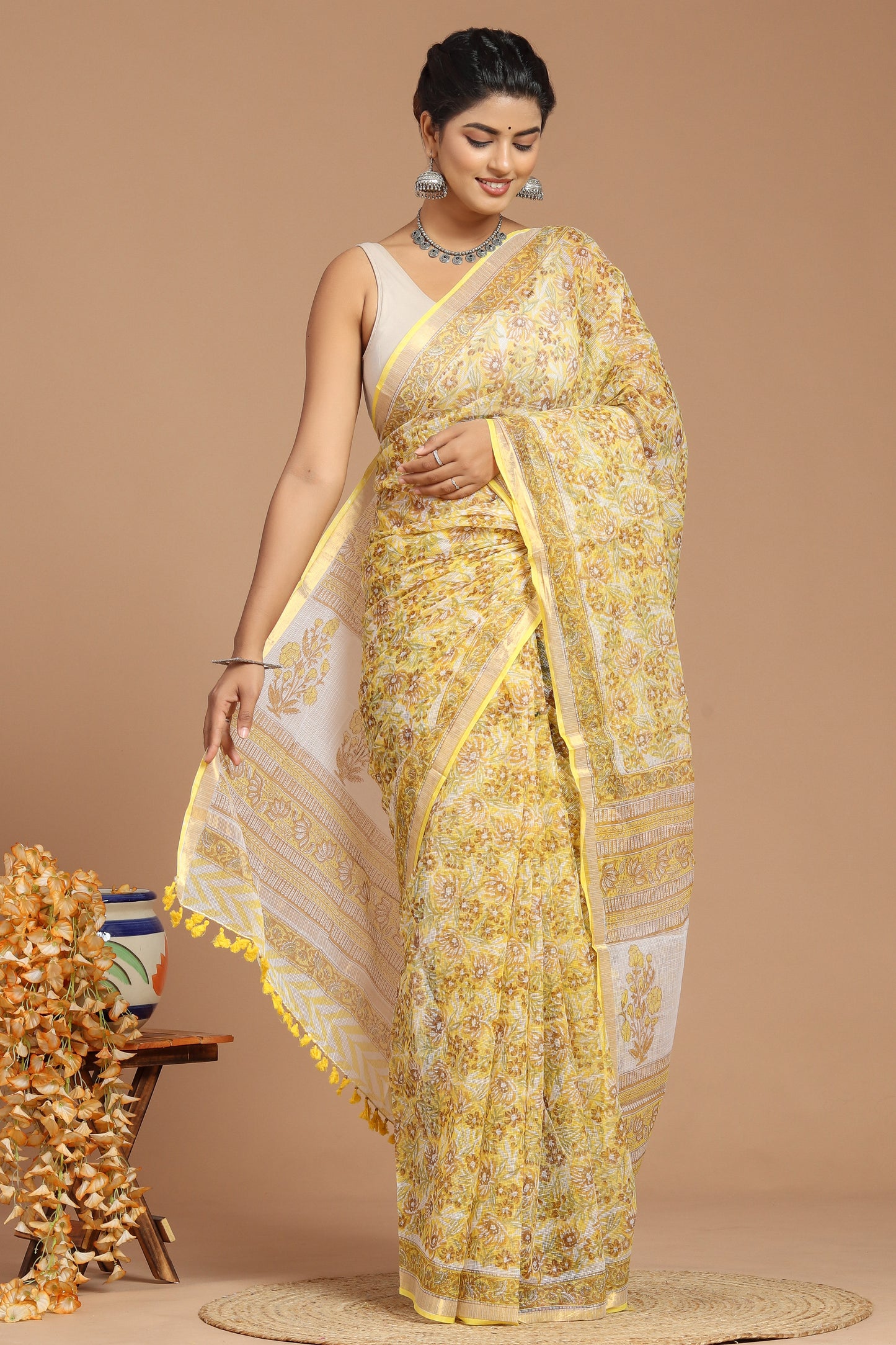 Yellow and White Floral Print Kota Doria Saree