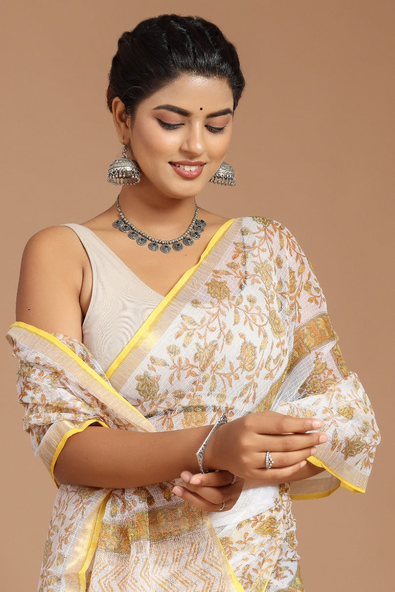 Sunshine Elegance: Yellow and White Buta Print Kota Doria Saree