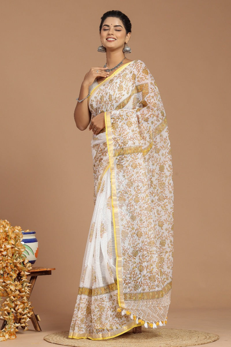 Sunshine Elegance: Yellow and White Buta Print Kota Doria Saree