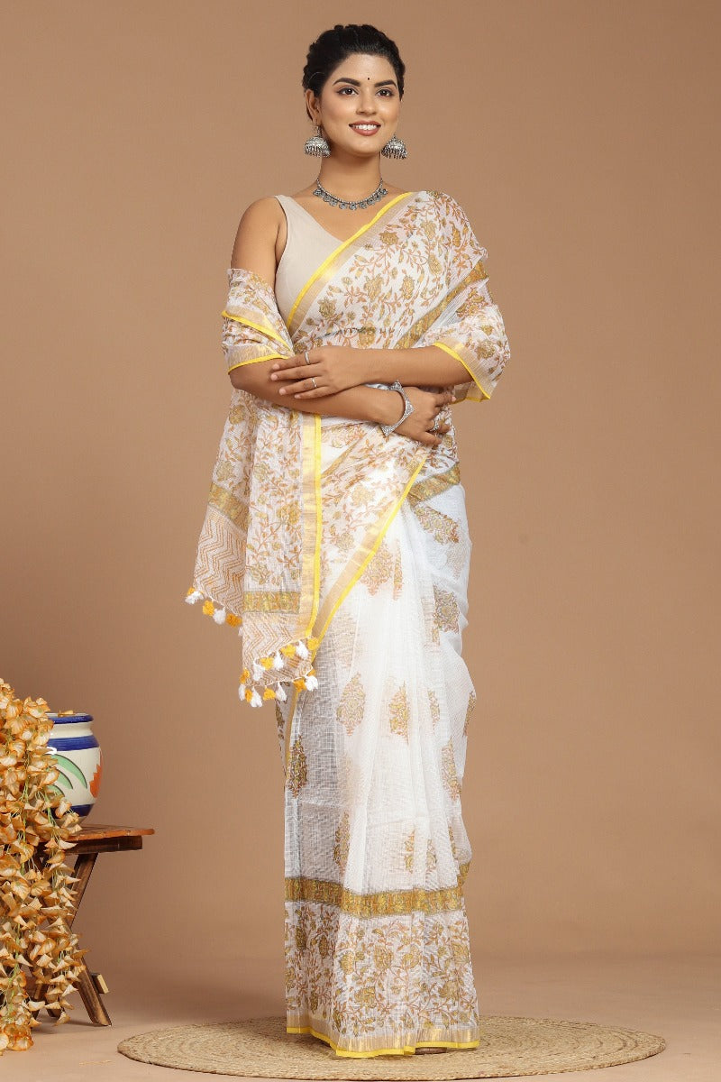 Sunshine Elegance: Yellow and White Buta Print Kota Doria Saree