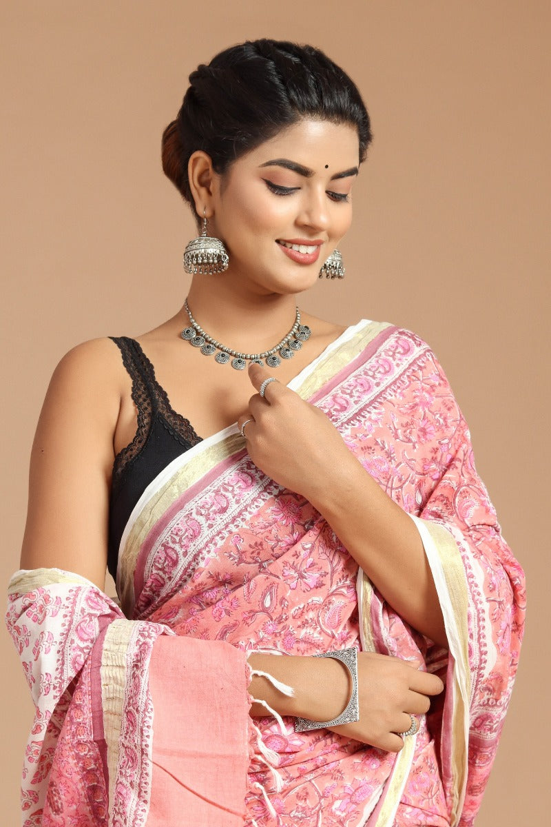 Whimsical Blooms: Pink Floral Print Handwoven Cotton Saree
