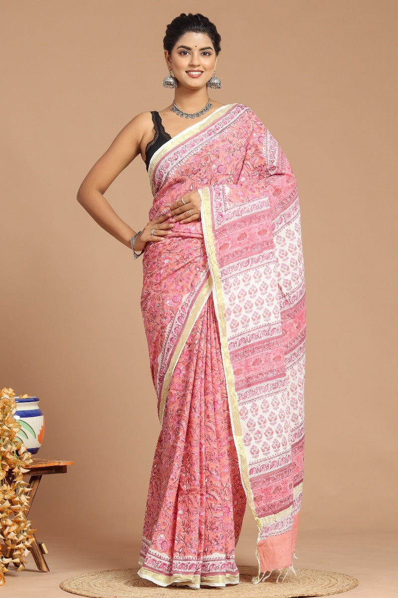 Whimsical Blooms: Pink Floral Print Handwoven Cotton Saree