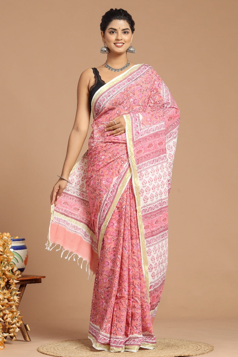 Whimsical Blooms: Pink Floral Print Handwoven Cotton Saree