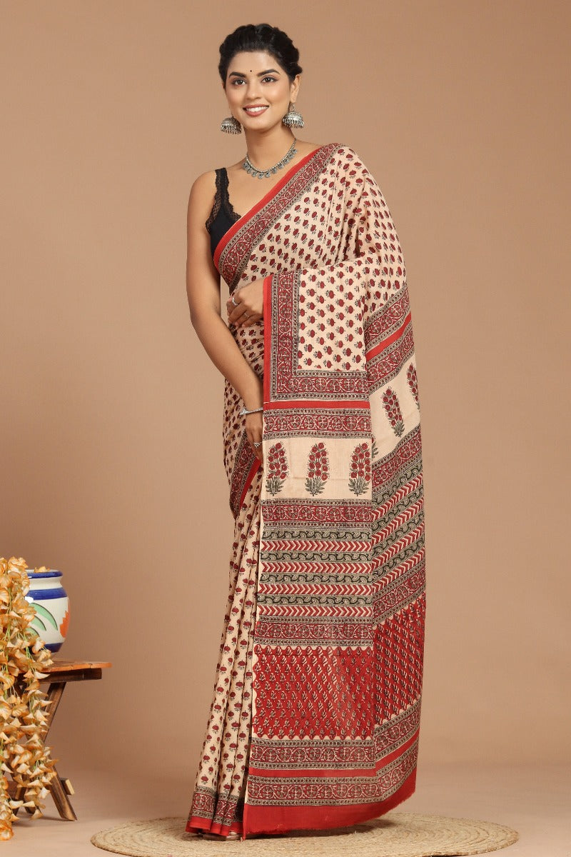 Regal Splendor: Royal Red Print Cotton Voile Saree