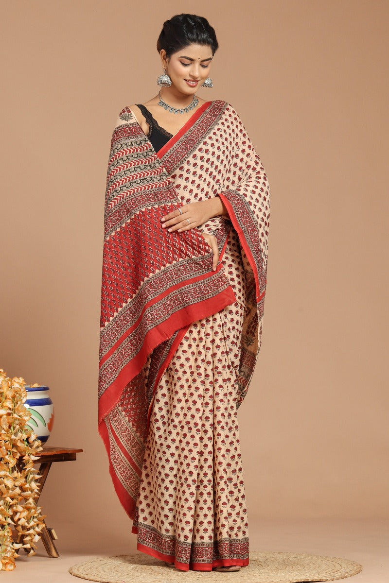 Regal Splendor: Royal Red Print Cotton Voile Saree
