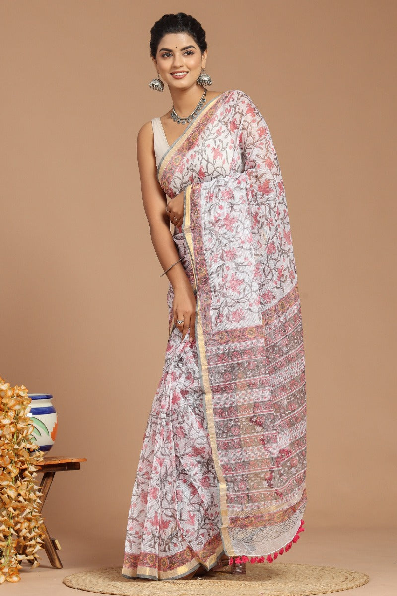 Whispering Romance: Dusty Pink Floral Print Kota Doria Saree