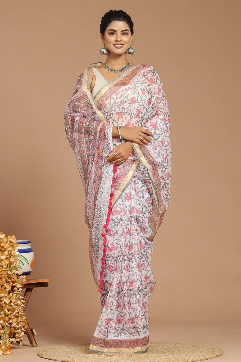 Whispering Romance: Dusty Pink Floral Print Kota Doria Saree