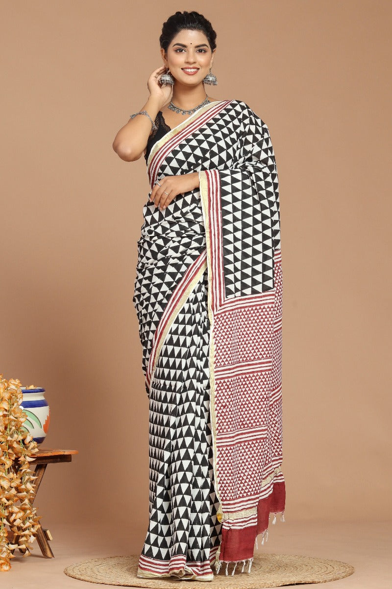 Regal Opulence: Red and Black Geometrical Print Handwoven Cotton Saree