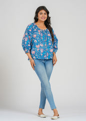 Azure Lotus Block Printed Short Top