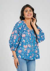 Azure Lotus Block Printed Short Top