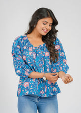 Azure Lotus Block Printed Short Top