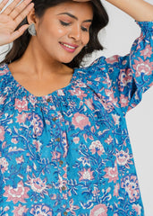 Azure Lotus Block Printed Short Top