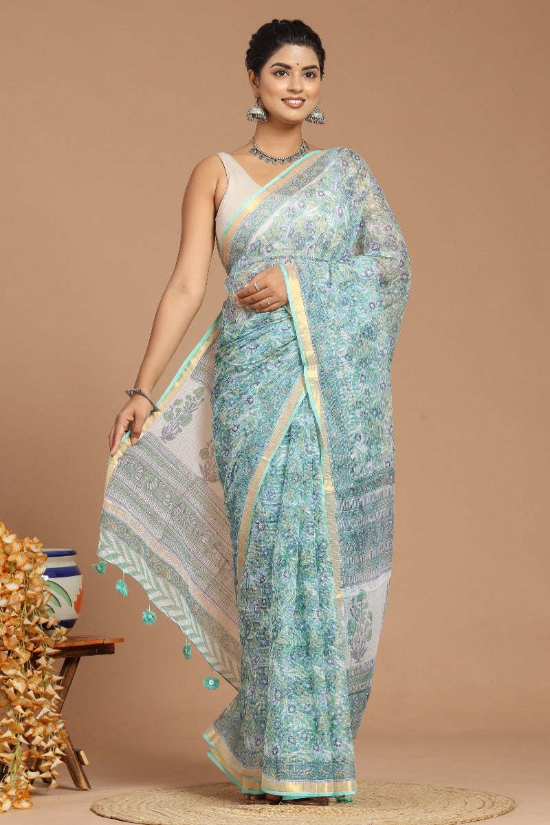 Enchanting Serenity: Sage Green Floral Print Kota Doria Saree