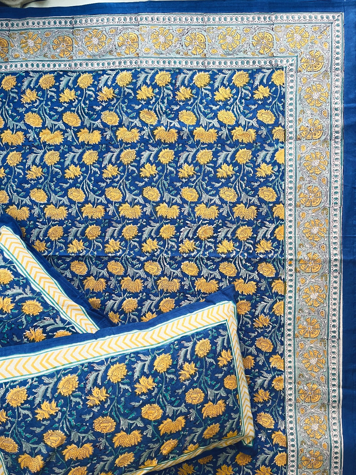 Misty Blue Block Printed Bedsheet Set