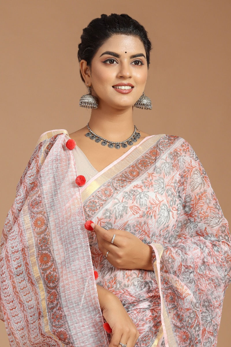 Whispering Romance: Dusty Pink Floral Print Kota Doria Saree