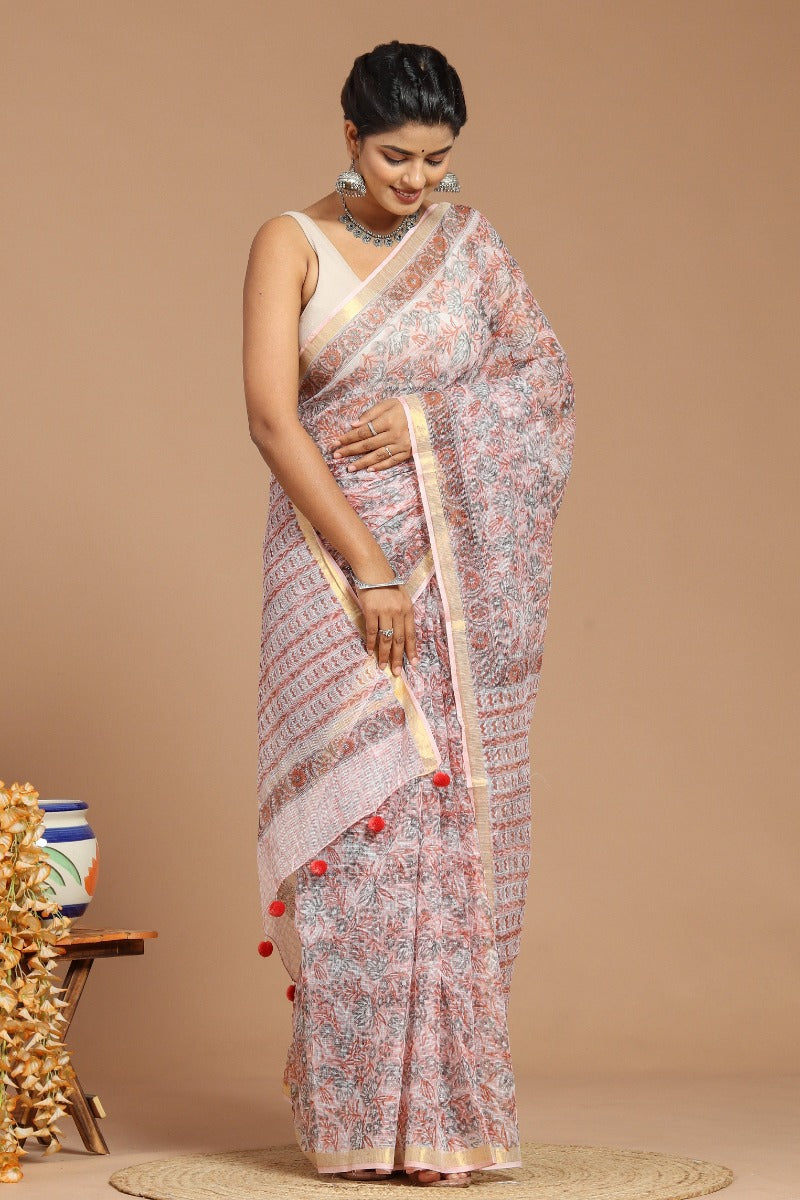 Whispering Romance: Dusty Pink Floral Print Kota Doria Saree