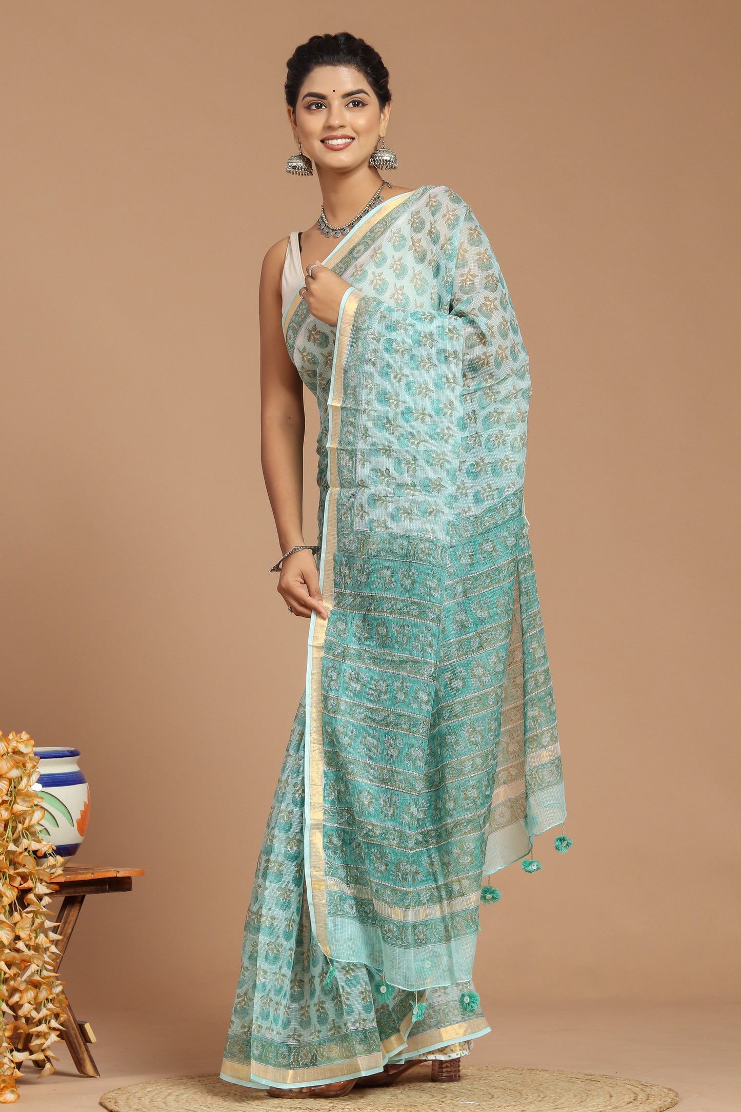 Enchanting Serenity: Sage Green Buta Print Kota Doria Saree