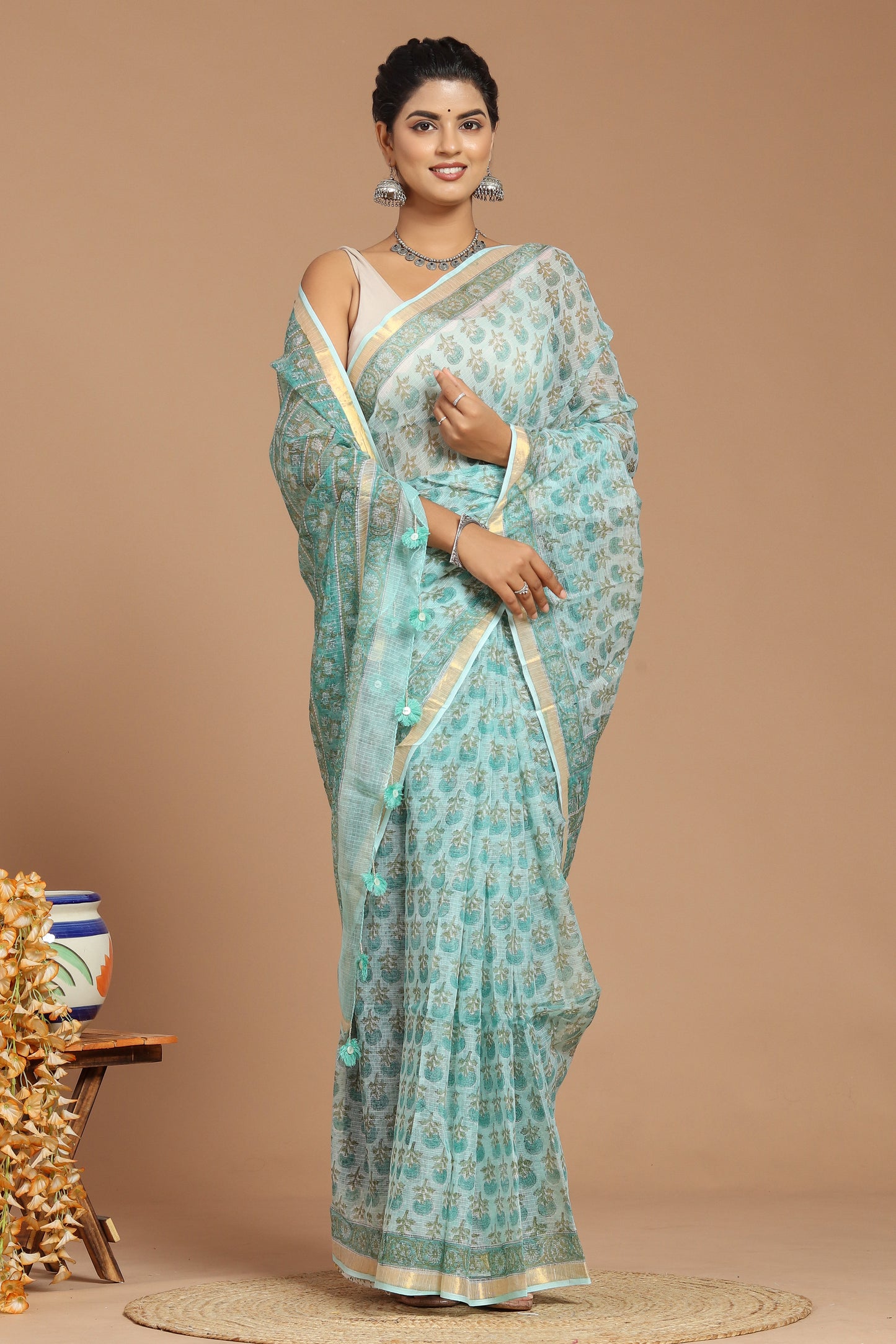 Enchanting Serenity: Sage Green Buta Print Kota Doria Saree