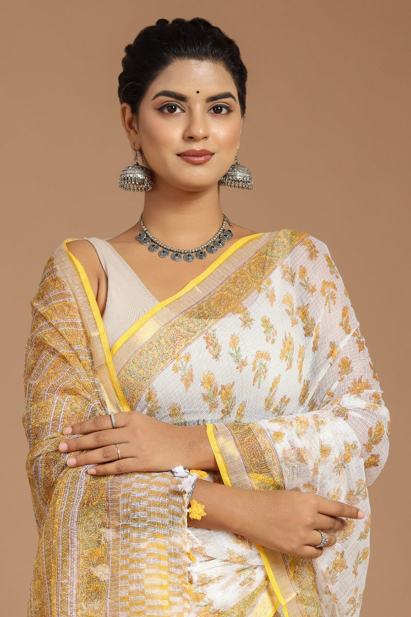 Yellow and White Buta Print Kota Doria Saree