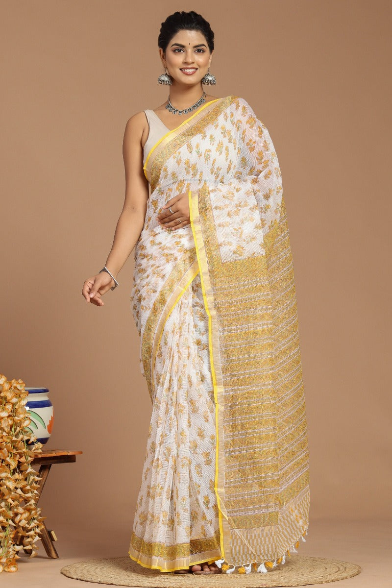 Yellow and White Buta Print Kota Doria Saree