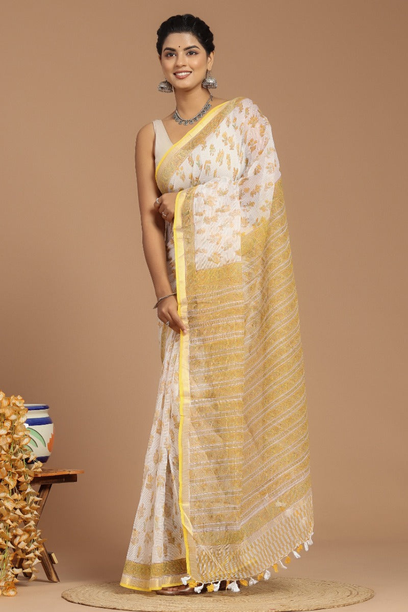 Yellow and White Buta Print Kota Doria Saree