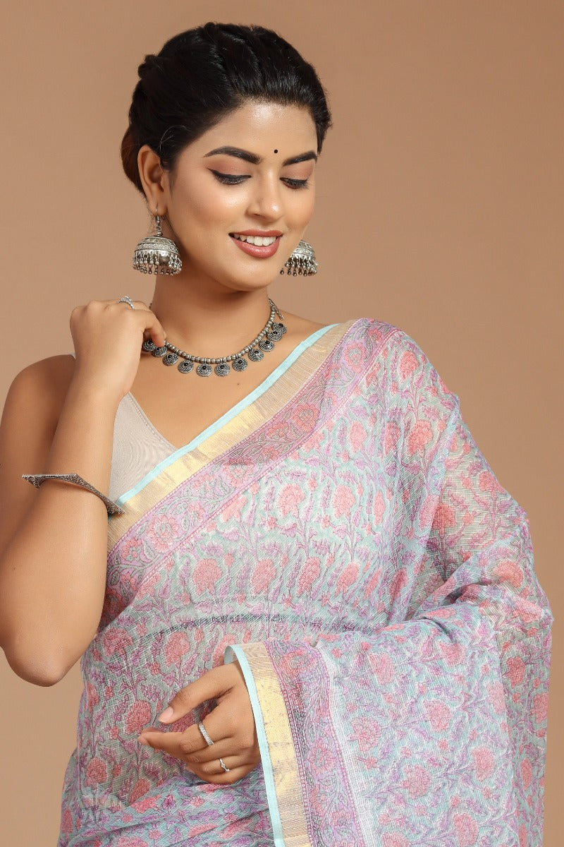 Lavender Dreams: Floral Print Kota Doria Saree