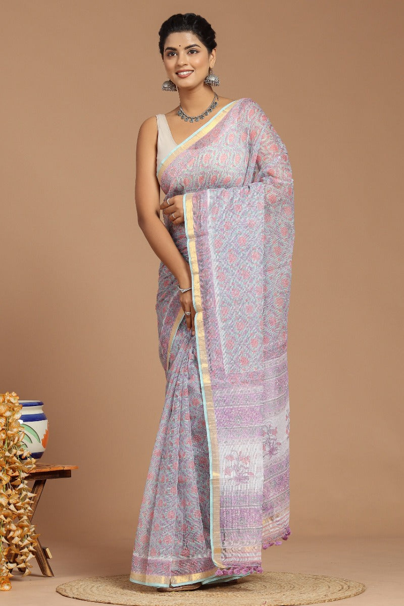 Lavender Dreams: Floral Print Kota Doria Saree