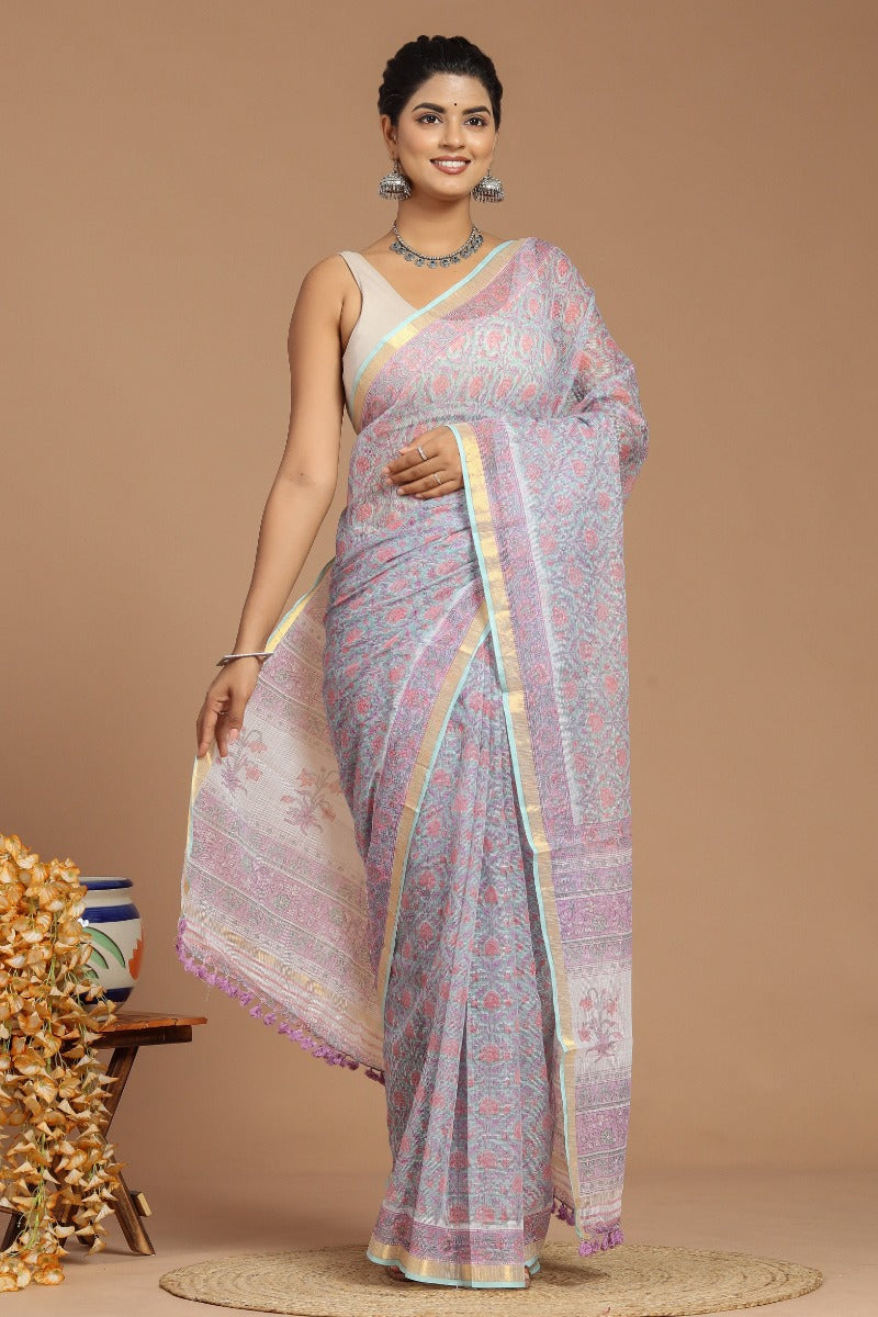 Lavender Dreams: Floral Print Kota Doria Saree