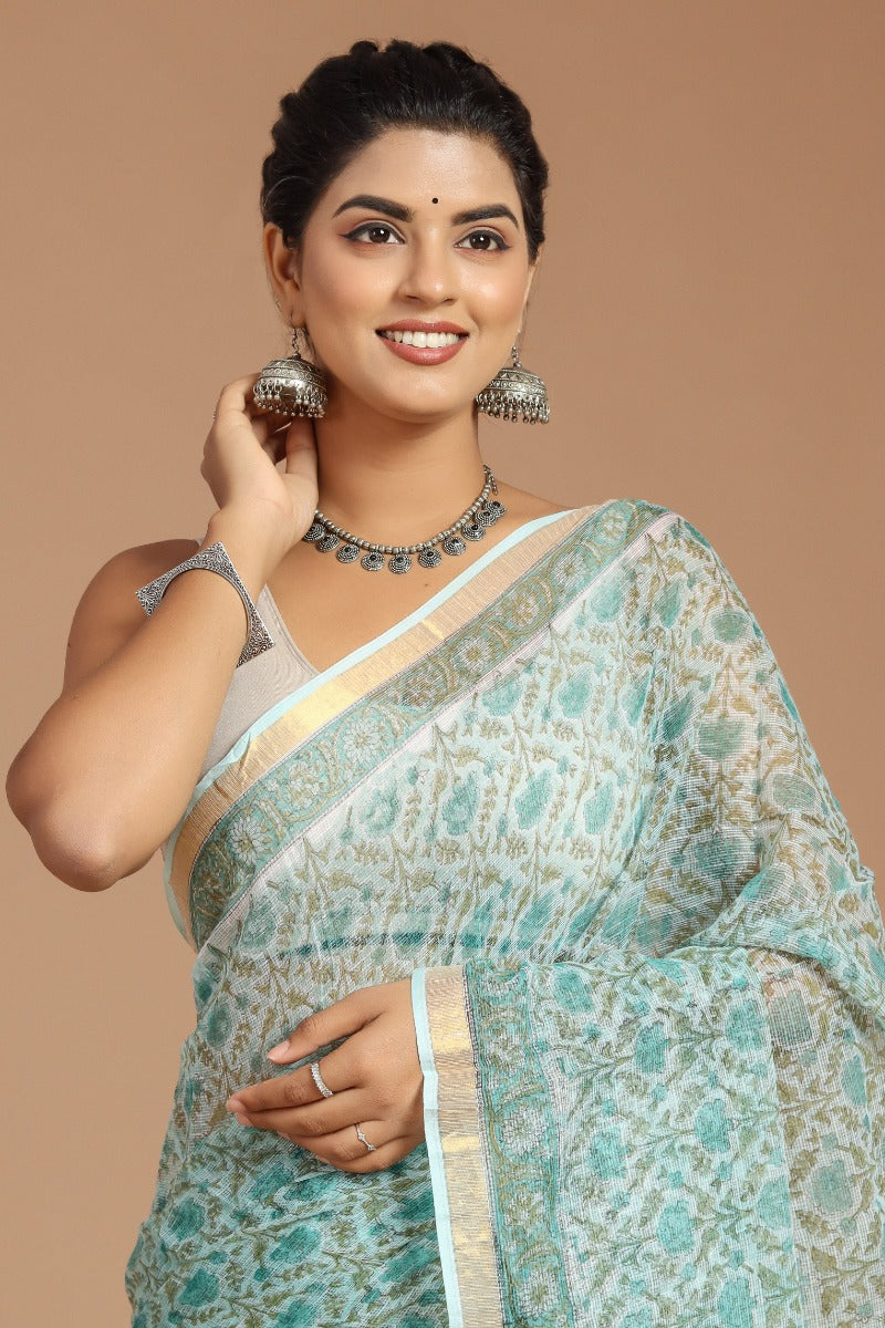 Enchanting Serenity: Sage Green Floral Print Kota Doria Saree