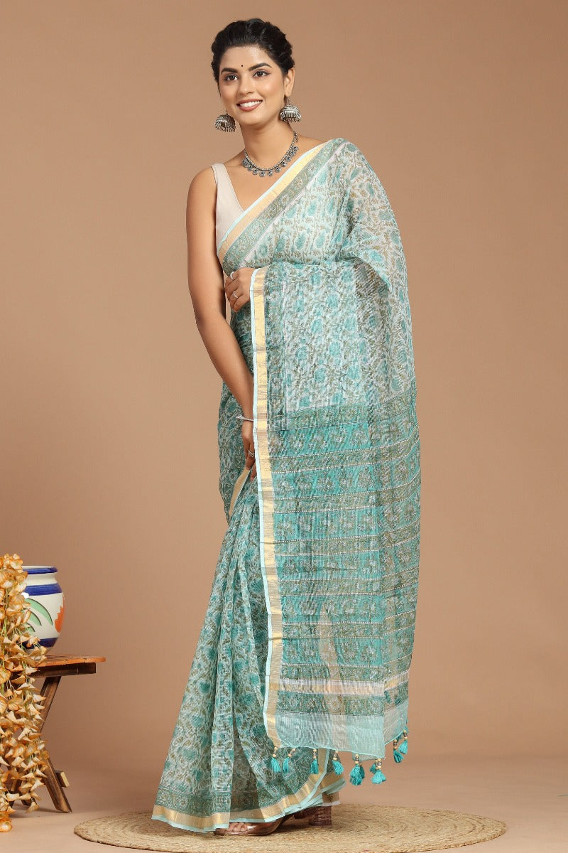 Enchanting Serenity: Sage Green Floral Print Kota Doria Saree