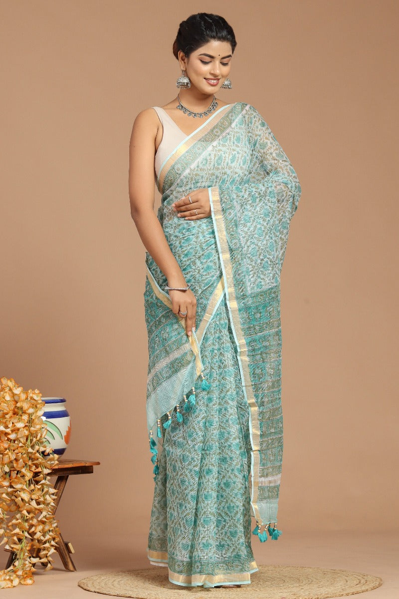 Enchanting Serenity: Sage Green Floral Print Kota Doria Saree