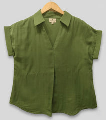 Olive Double Gauze Collared Top