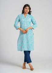 Teal Block Printed Cotton Kurta